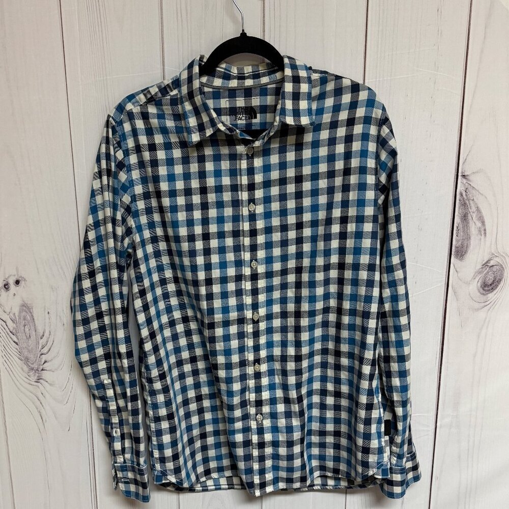 The North Face Men's Medium Button Up Shirt Blue White Gingham Long Sleeve